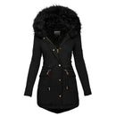 Women's Solid Colorfur Collar Hooded Mid-length Warm Cotton Coat