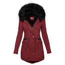 Women's Solid Colorfur Collar Hooded Mid-length Warm Cotton Coat