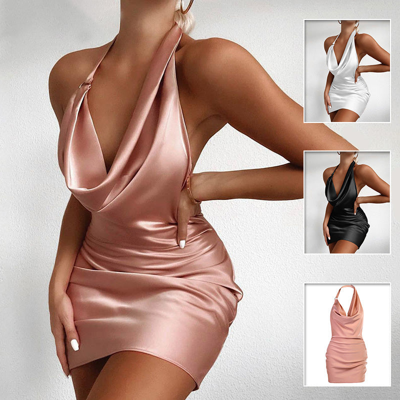 Satin V Neck Backless Sleeveless Party Dress