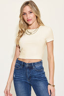 Ribbed Round Neck Short Sleeve T-Shirt